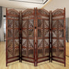 Traditional Four Panel Wooden Room Divider with Hand Carved Details, Antique Brown The Urban Port