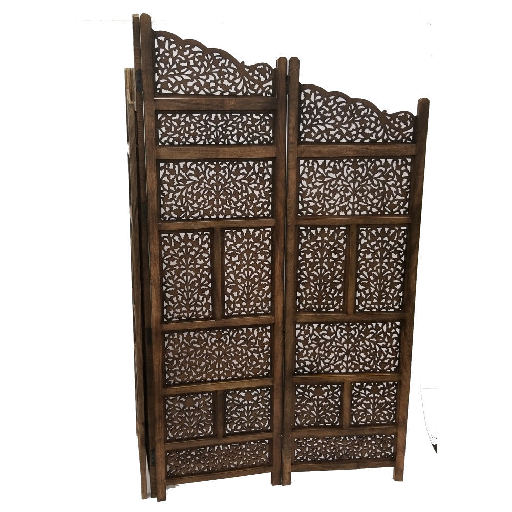 Benzara Hand Carved Foldable 4-Panel Wooden Partition Screen/RoomDivider,Brown - BM01875 BM01875