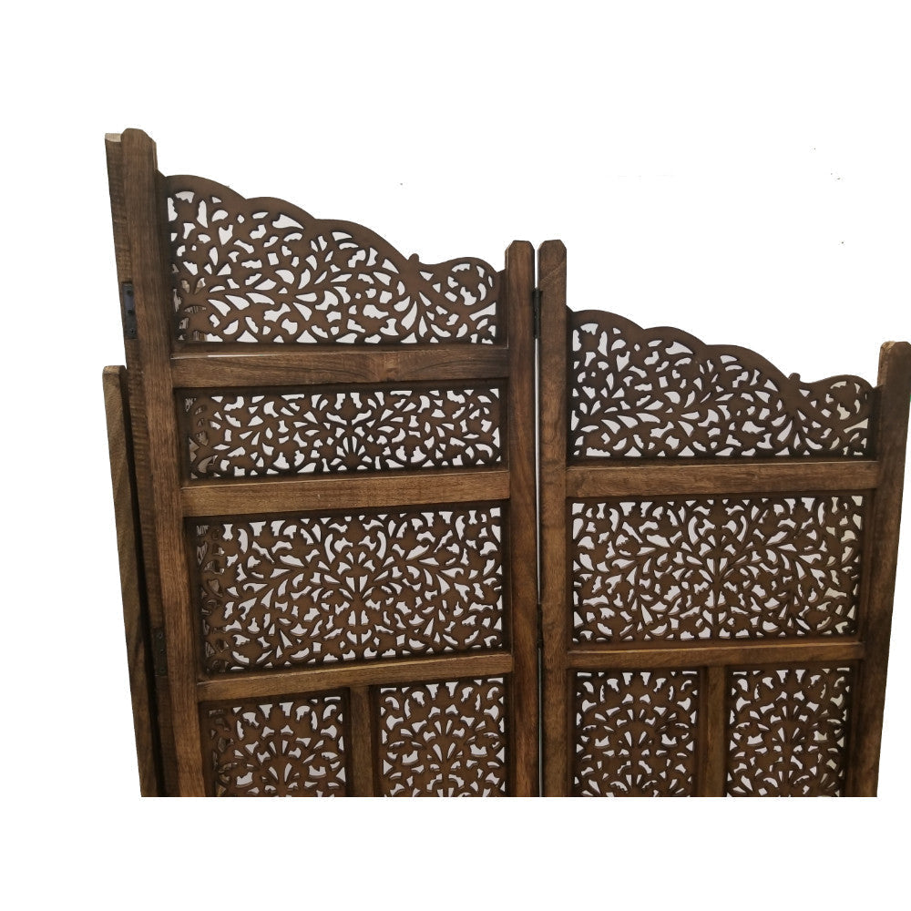 Benzara Hand Carved Foldable 4-Panel Wooden Partition Screen/RoomDivider,Brown - BM01875 BM01875