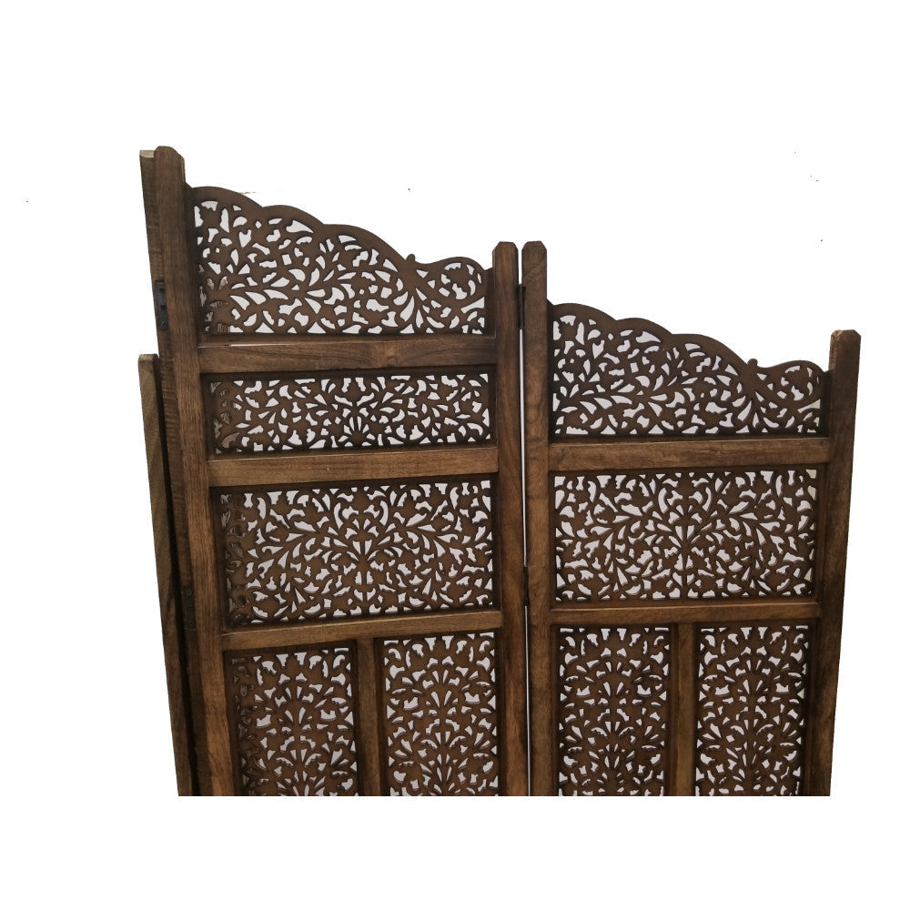 Benzara Hand Carved Foldable 4-Panel Wooden Partition Screen/RoomDivider,Brown - BM01875 BM01875