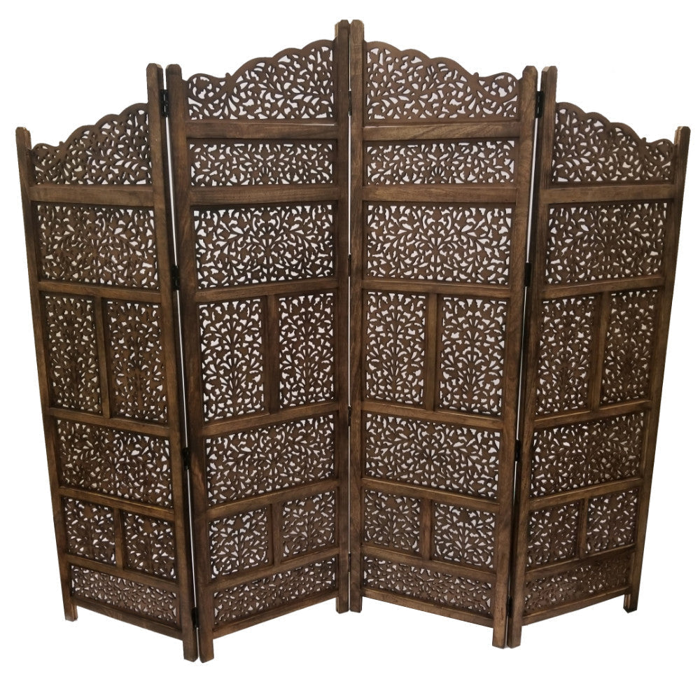 Benzara Hand Carved Foldable 4-Panel Wooden Partition Screen/RoomDivider,Brown - BM01875 BM01875