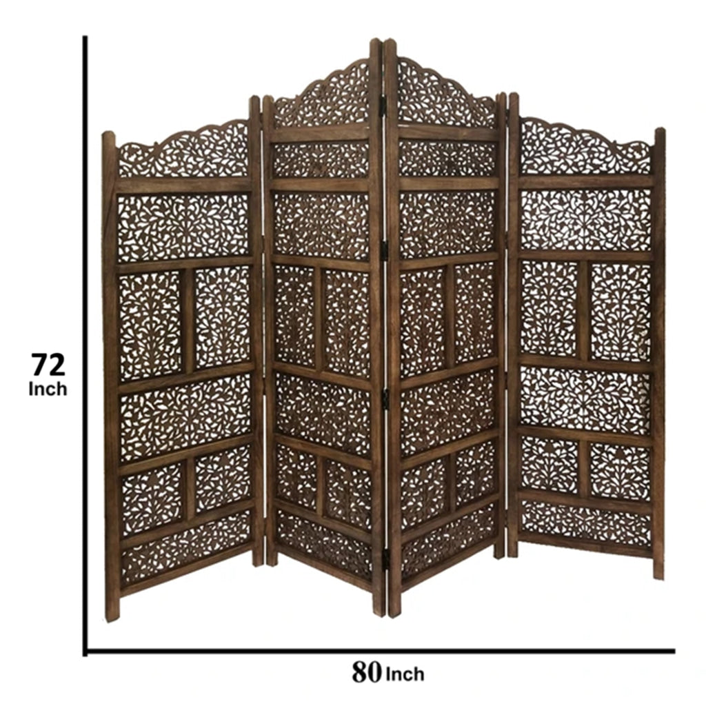 Benzara Hand Carved Foldable 4-Panel Wooden Partition Screen/RoomDivider,Brown - BM01875 BM01875