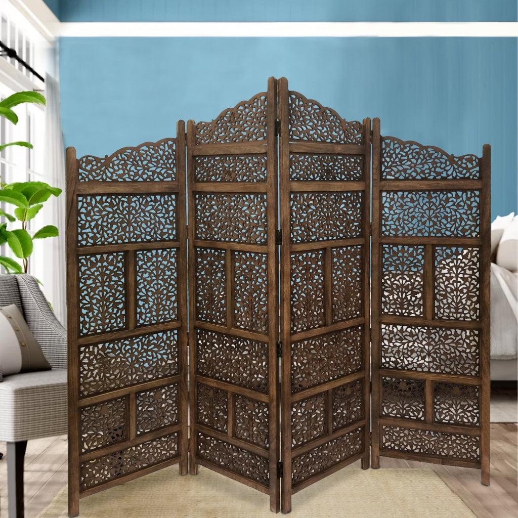 Benzara Hand Carved Foldable 4-Panel Wooden Partition Screen/RoomDivider,Brown - BM01875