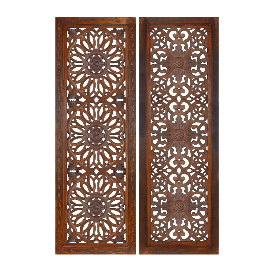 2 Piece Mango Wood Wall Panel Set with Mendallion Carving Burnt Brown - BM01883 BM01883