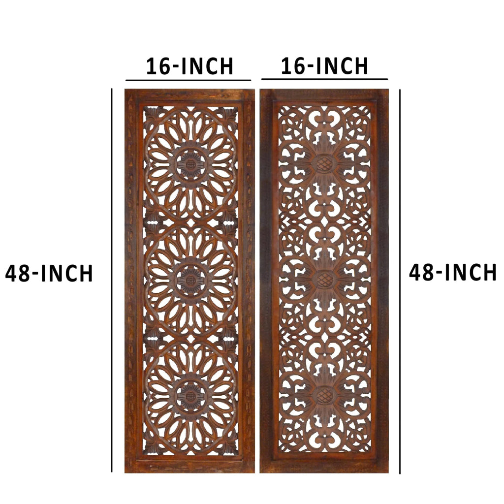 2 Piece Mango Wood Wall Panel Set with Mendallion Carving Burnt Brown - BM01883 BM01883