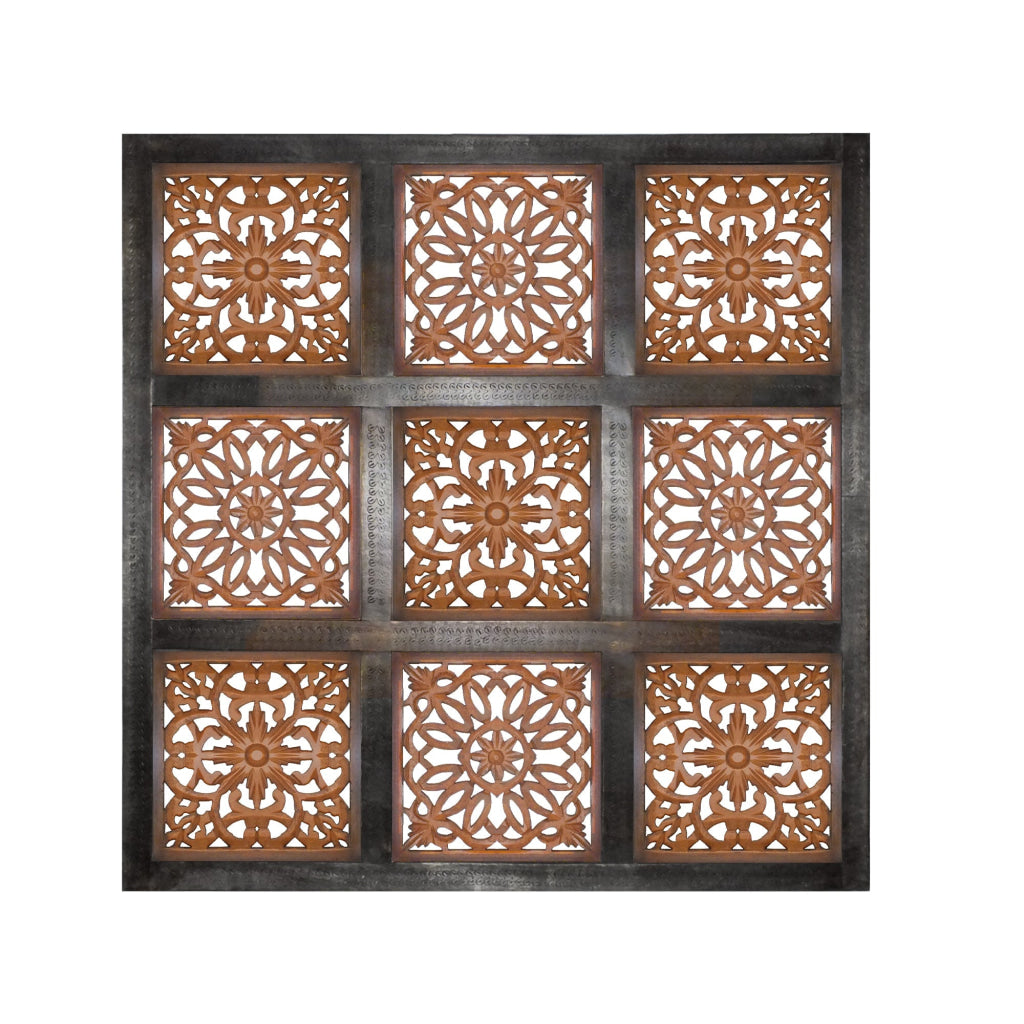 Decorative Mango Wood Wall Panel with Cutout Flower Pattern Brown - BM01889 BM01889