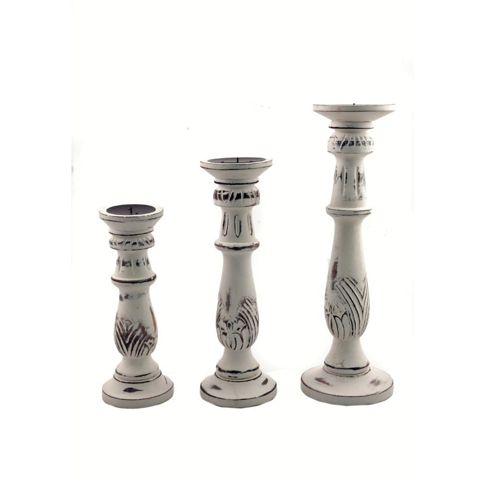 Benzara Distressed Mango Wood Pillar Shaped Candle holder Set of 3 White BM03596