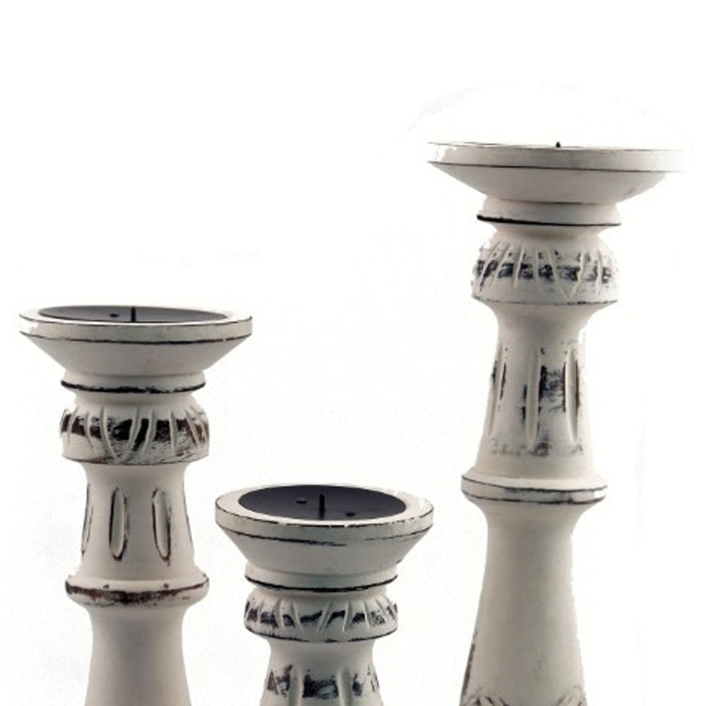 Benzara Distressed Mango Wood Pillar Shaped Candle holder Set of 3 White BM03596