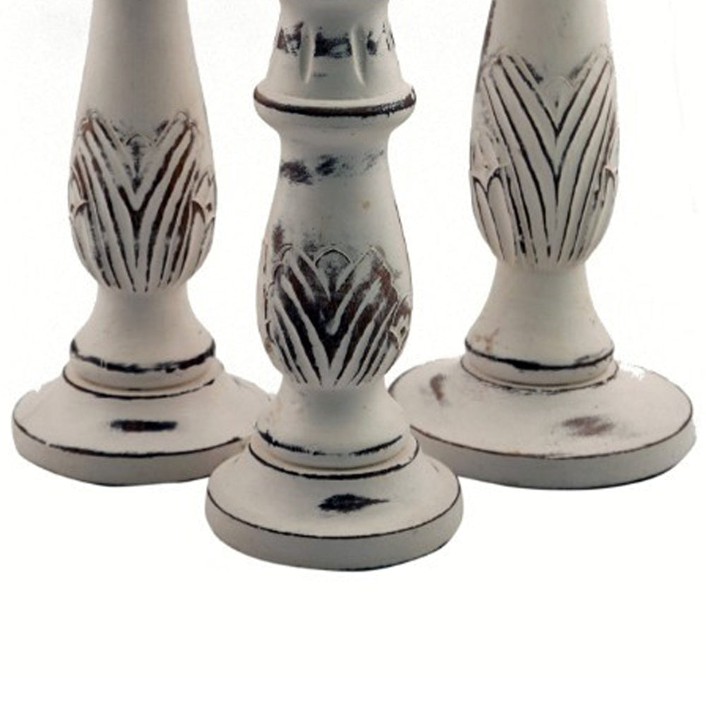 Benzara Distressed Mango Wood Pillar Shaped Candle holder Set of 3 White BM03596