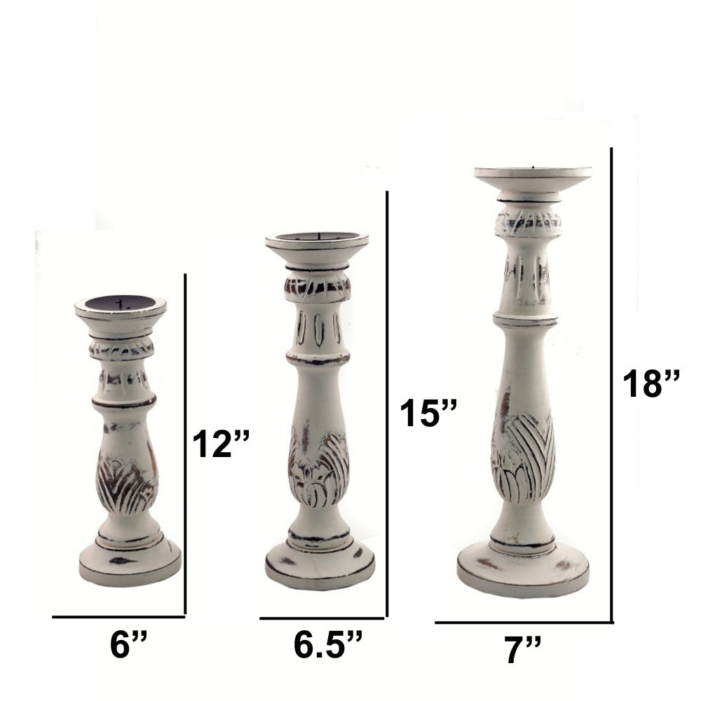 Benzara Distressed Mango Wood Pillar Shaped Candle holder Set of 3 White BM03596