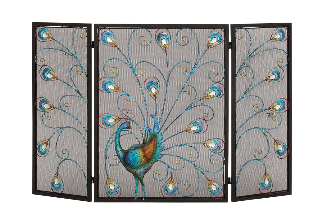 Peacock Theme Metal 3 Panel Mesh Fireplace Screen Multicolor - BM04366 BM04366