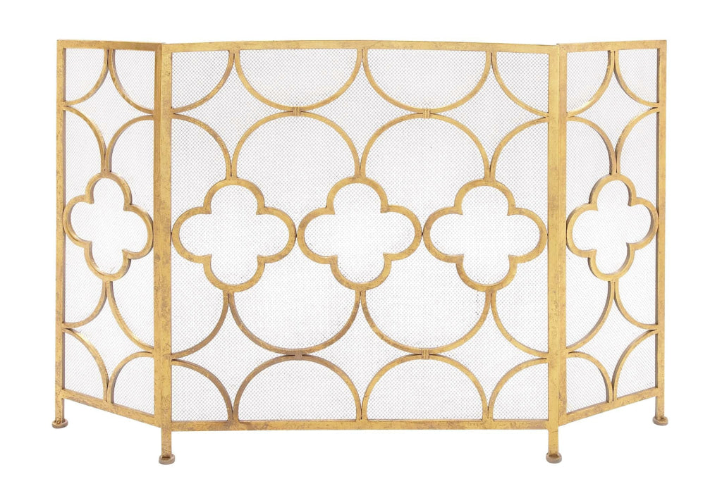 50 Inch 3 Panel Metal Fireplace Screen Quatrefoil Design Gold- BM05668 BM05668