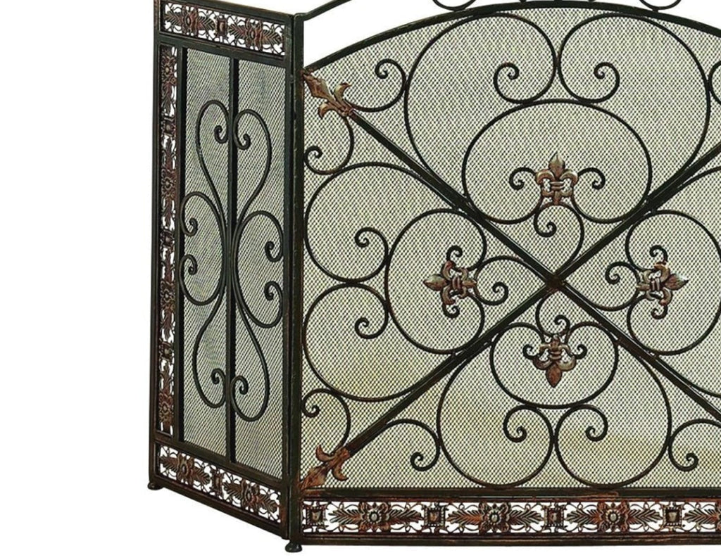 Traditional 3 Panel Metal Fire Screen With Filigree Design Bronze Black The Urban Port 71822