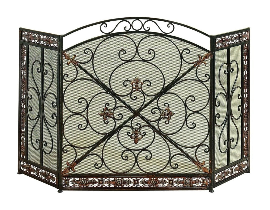 Traditional 3 Panel Metal Fire Screen With Filigree Design Bronze Black The Urban Port 71822