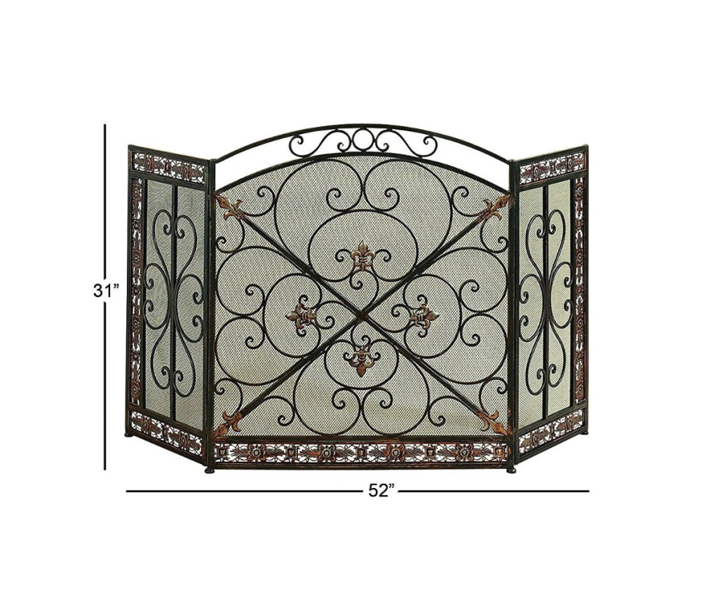 Traditional 3 Panel Metal Fire Screen With Filigree Design Bronze Black The Urban Port 71822