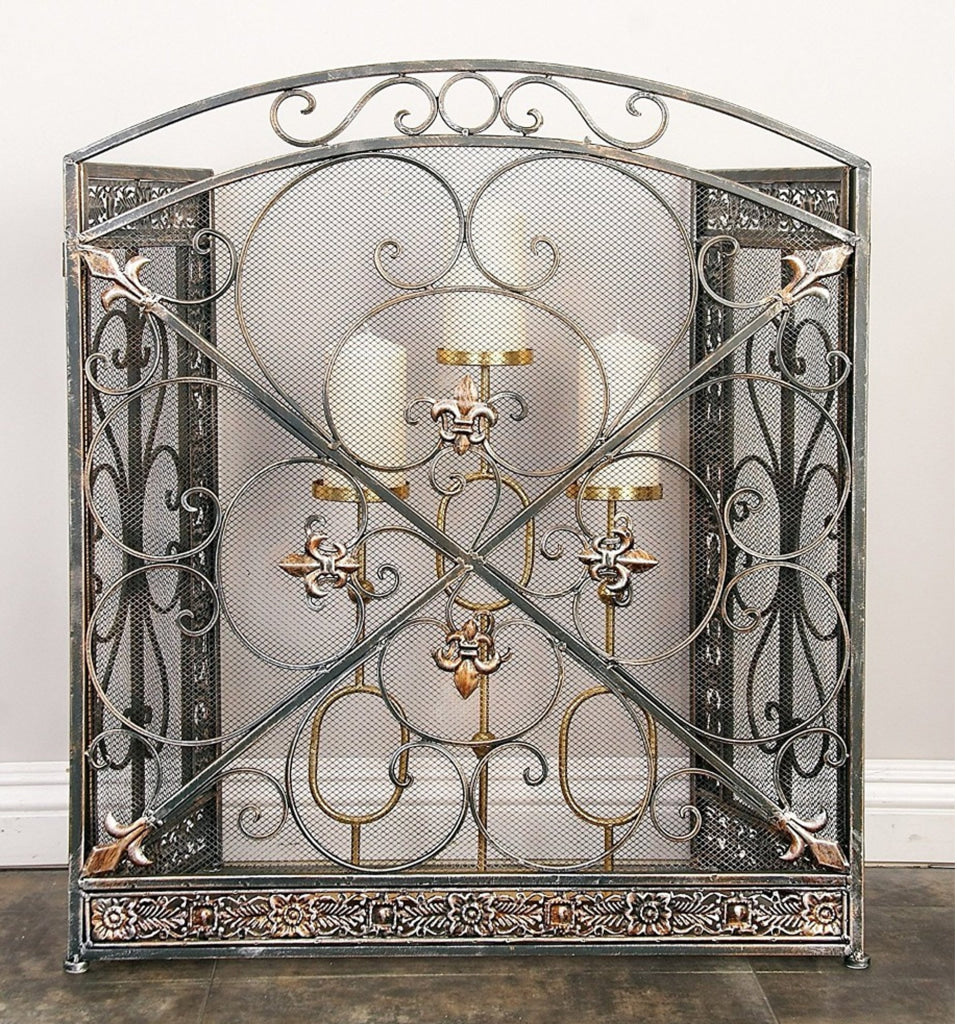 Traditional 3 Panel Metal Fire Screen With Filigree Design, Bronze, Black The Urban Port