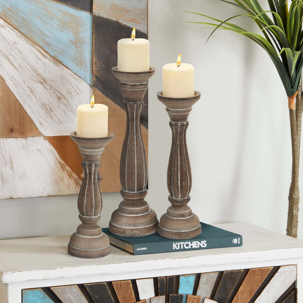 Handmade Wooden Candle Holder with Pillar Base Support, Distressed Brown, Set of 3 - BM08014