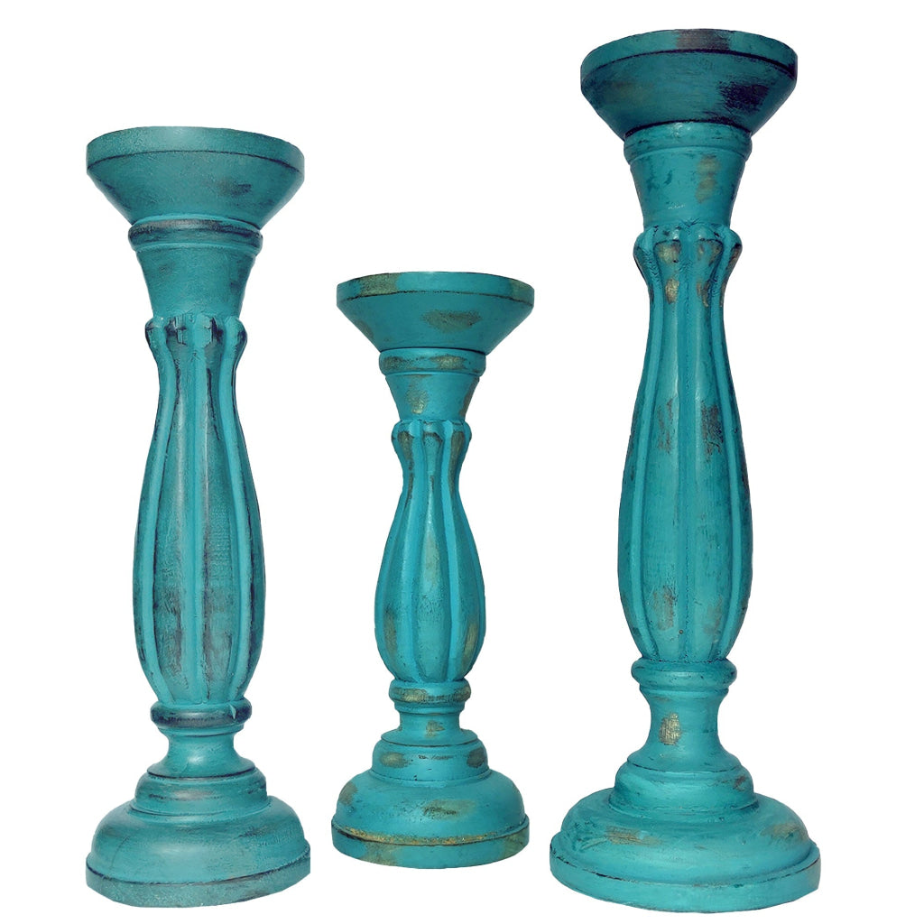 Handmade Wooden Candle Holder with Pillar Base Support Turquoise Blue Set of 3 - BM08016 BM08016