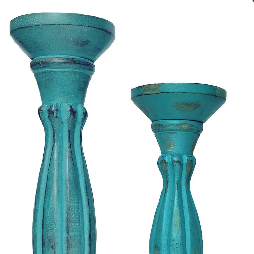 Handmade Wooden Candle Holder with Pillar Base Support Turquoise Blue Set of 3 - BM08016 BM08016