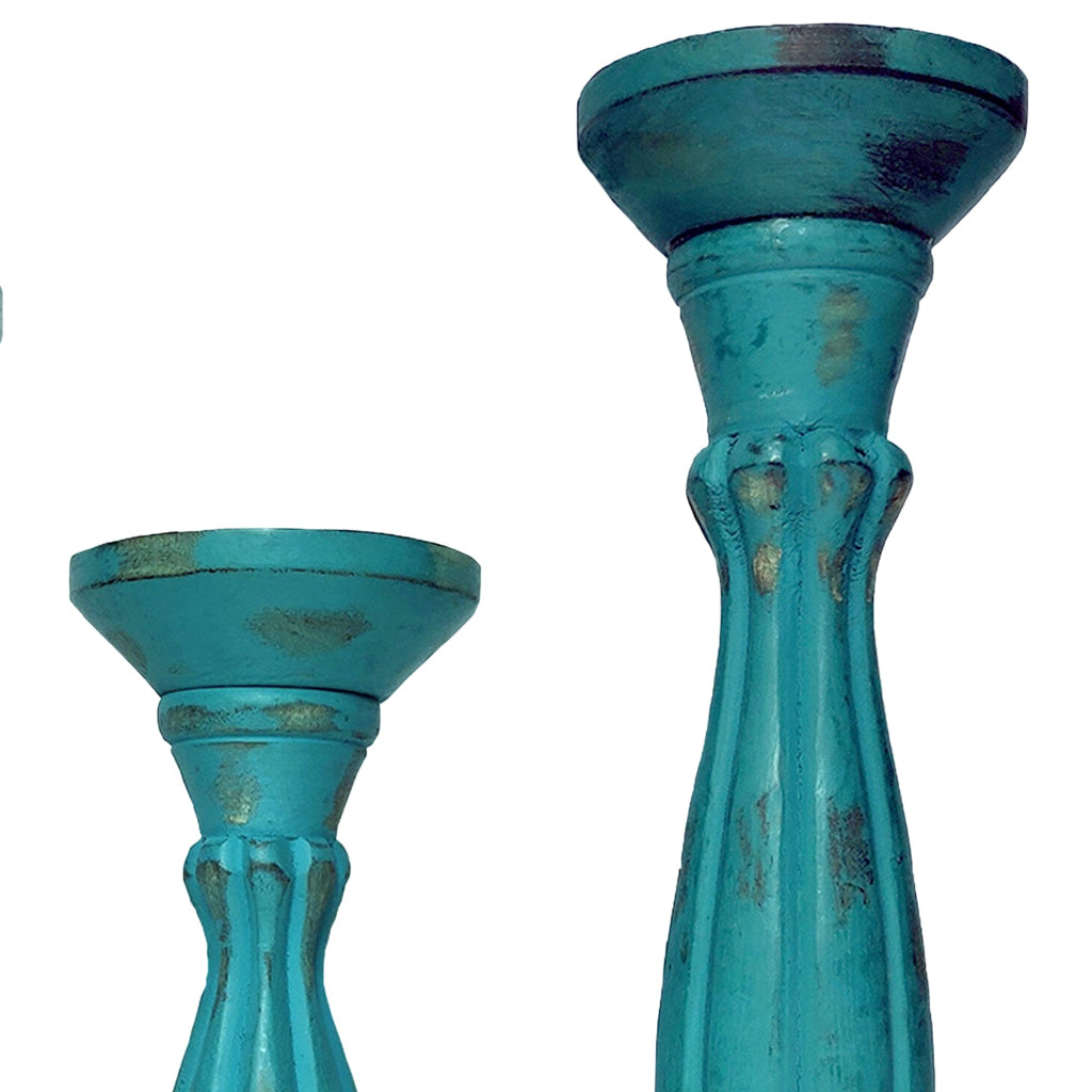 Handmade Wooden Candle Holder with Pillar Base Support Turquoise Blue Set of 3 - BM08016 BM08016