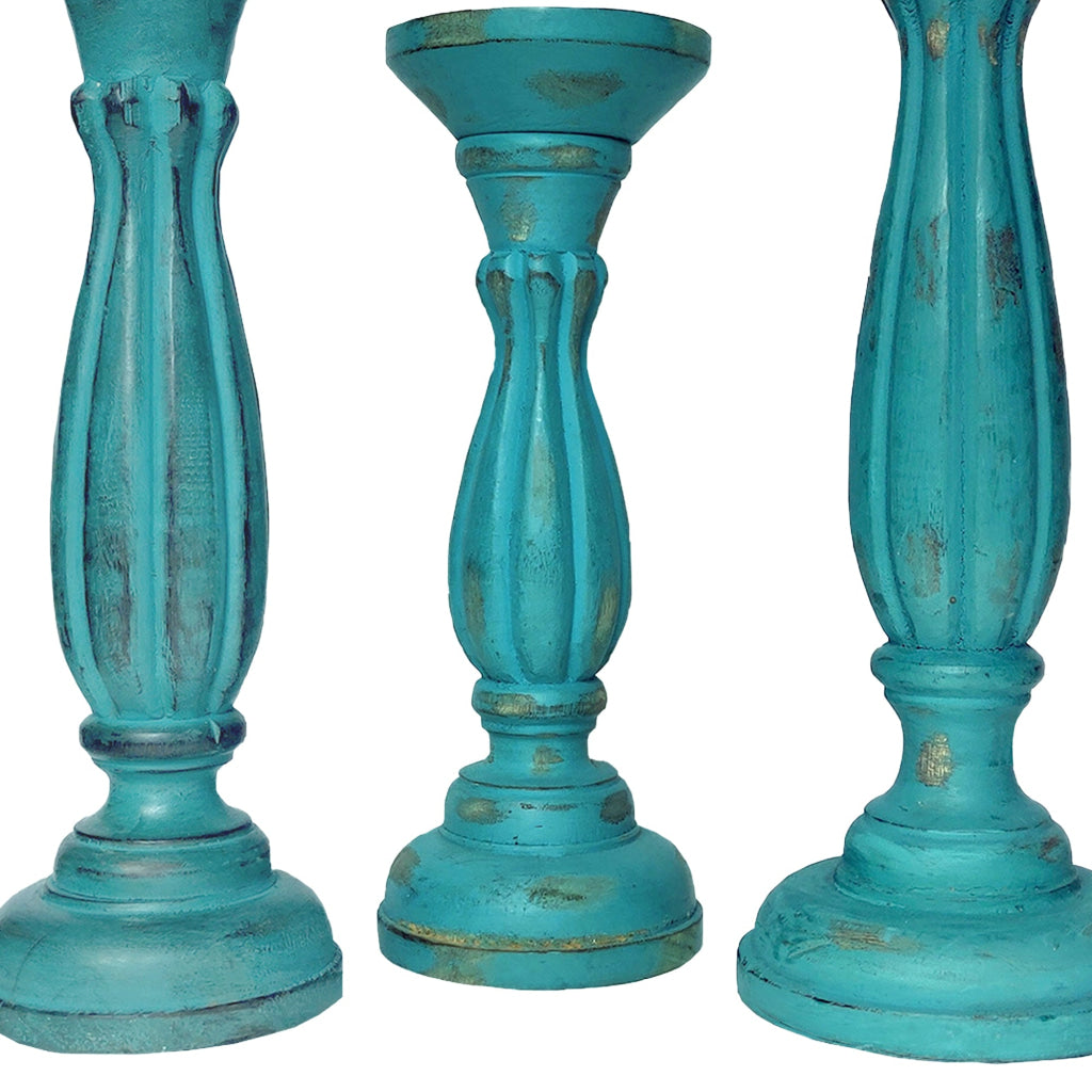 Handmade Wooden Candle Holder with Pillar Base Support Turquoise Blue Set of 3 - BM08016 BM08016