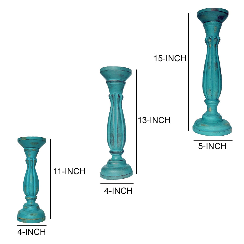 Handmade Wooden Candle Holder with Pillar Base Support Turquoise Blue Set of 3 - BM08016 BM08016