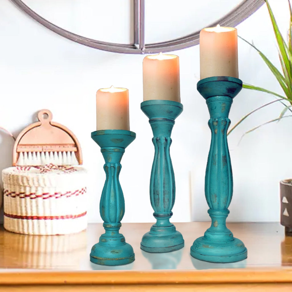 Handmade Wooden Candle Holder with Pillar Base Support, Turquoise Blue, Set of 3 - BM08016