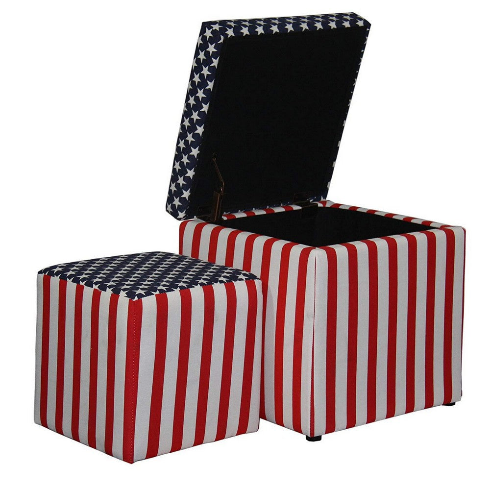 Patriotic Print Square Storage Ottoman with 1 Extra Seating Multicolor By Casagear Home BM101142