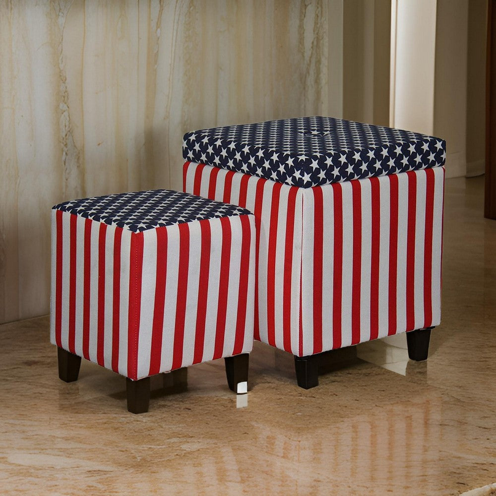 Patriotic Print Square Storage Ottoman with 1 Extra Seating Multicolor By Casagear Home BM101142