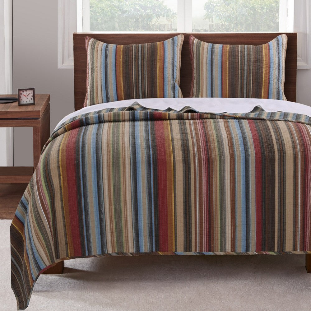 Phoenix Fabric 3 Piece Queen Size Quilt Set with Striped Prints Multicolor By Casagear Home BM101913