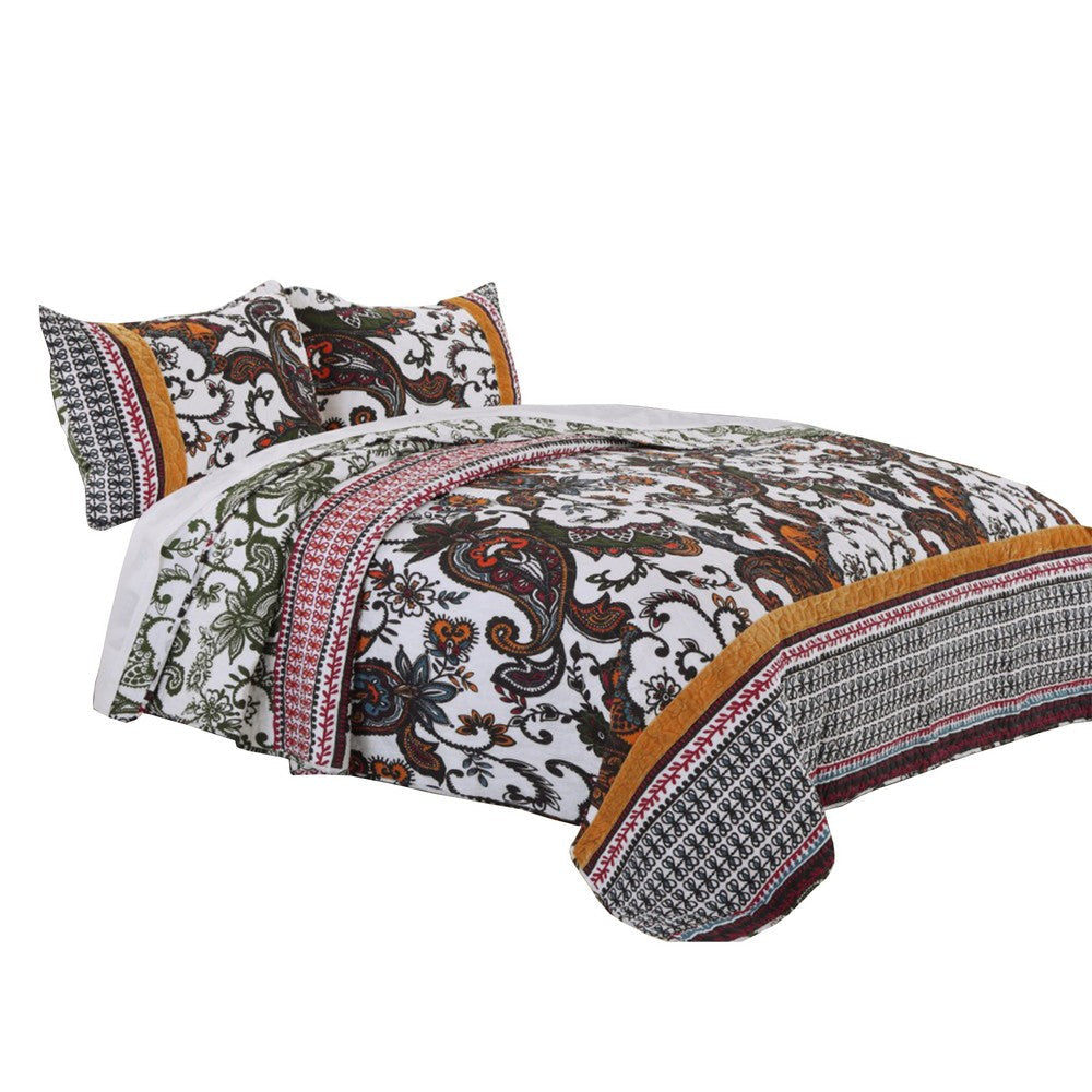 Detroit Fabric 3 Piece Queen Size Quilt Set with Tribal Motifs, Multicolor By Casagear Home