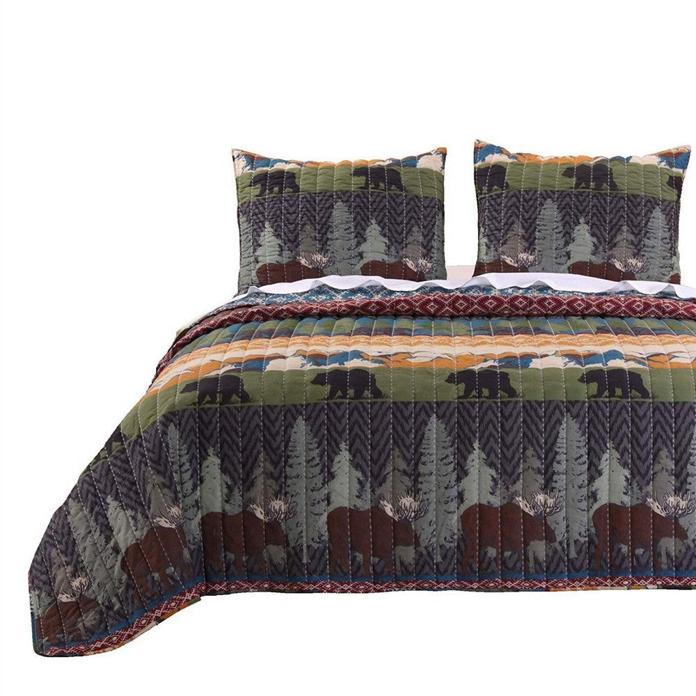 3 Piece King Size Quilt Set with Nature Inspired Print, Multicolor By Casagear Home