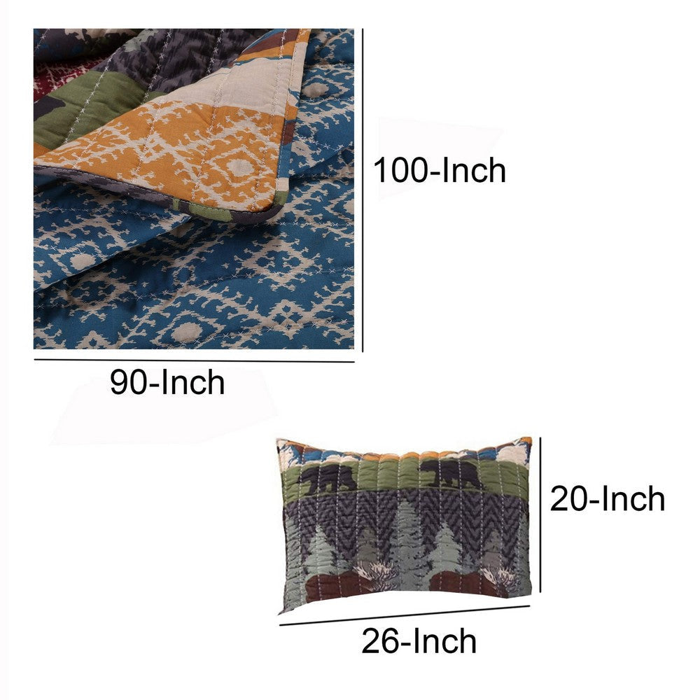 3 Piece King Size Quilt Set with Nature Inspired Print Multicolor By Casagear Home BM116917