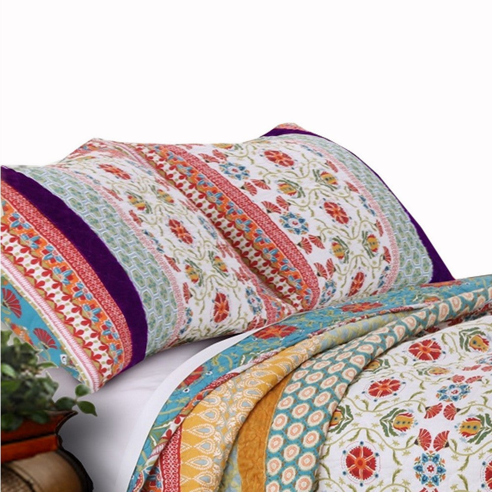 Geometric and Floral Print Twin Size Quilt Set with 1 Sham Multicolor By Casagear Home BM116975