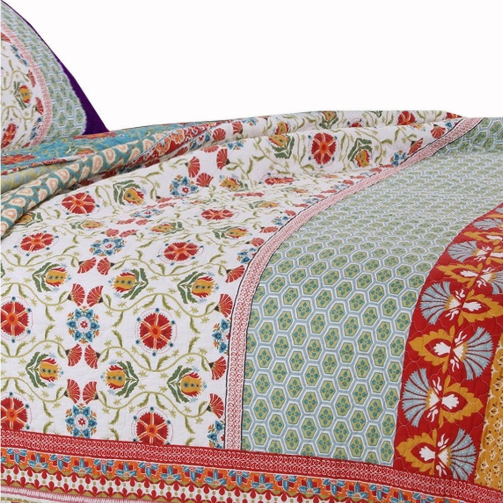 Geometric and Floral Print Twin Size Quilt Set with 1 Sham Multicolor By Casagear Home BM116975