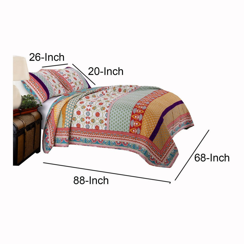 Geometric and Floral Print Twin Size Quilt Set with 1 Sham Multicolor By Casagear Home BM116975