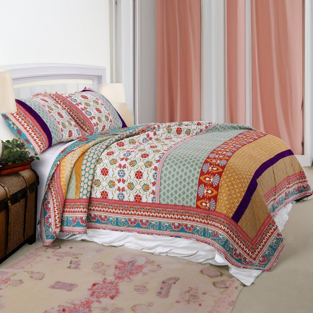 Geometric and Floral Print Twin Size Quilt Set with 1 Sham Multicolor By Casagear Home BM116975