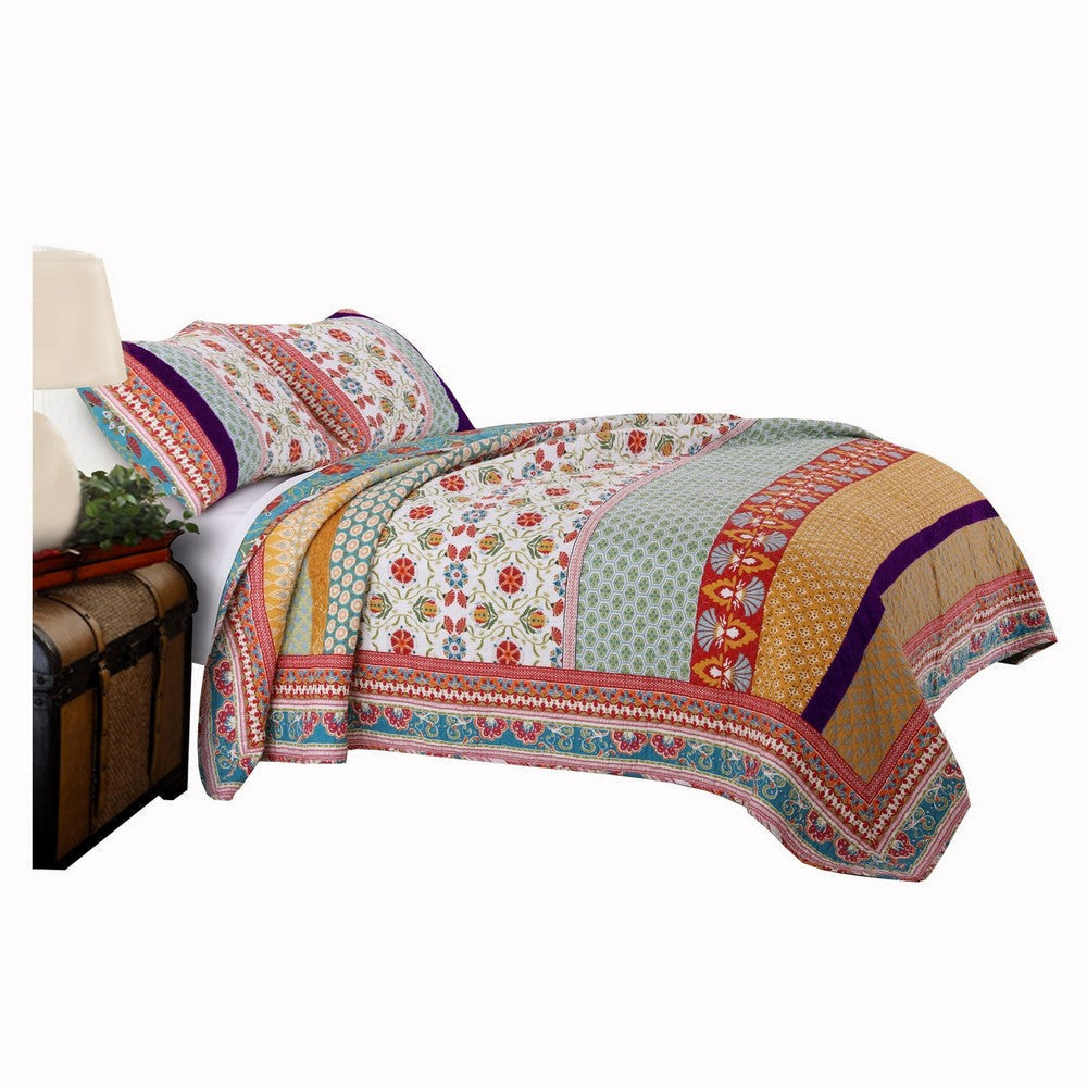 Geometric and Floral Print Full Size Quilt Set with 2 Shams, Multicolor By Casagear Home