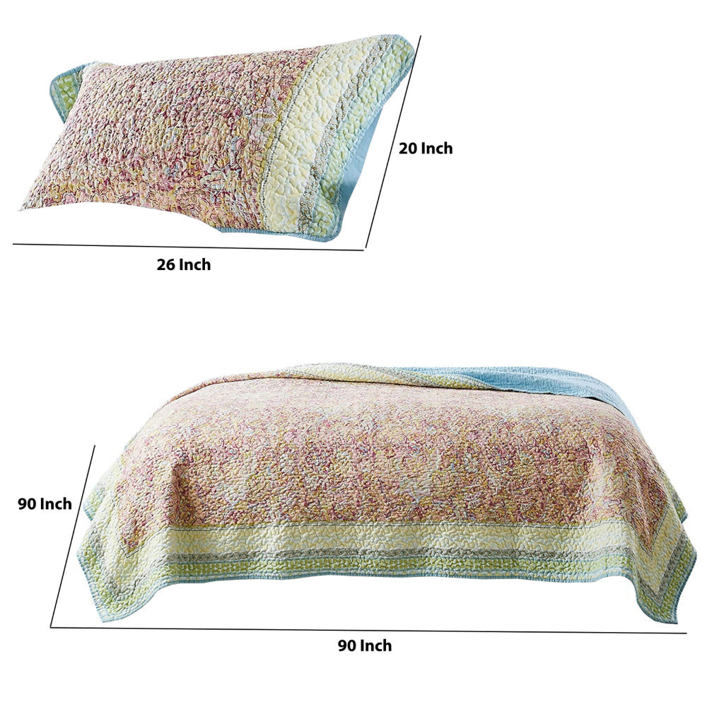 Denver 3 Piece Queen Cotton Quilt Set with Fern Branches Print Multicolor By Casagear Home BM120992