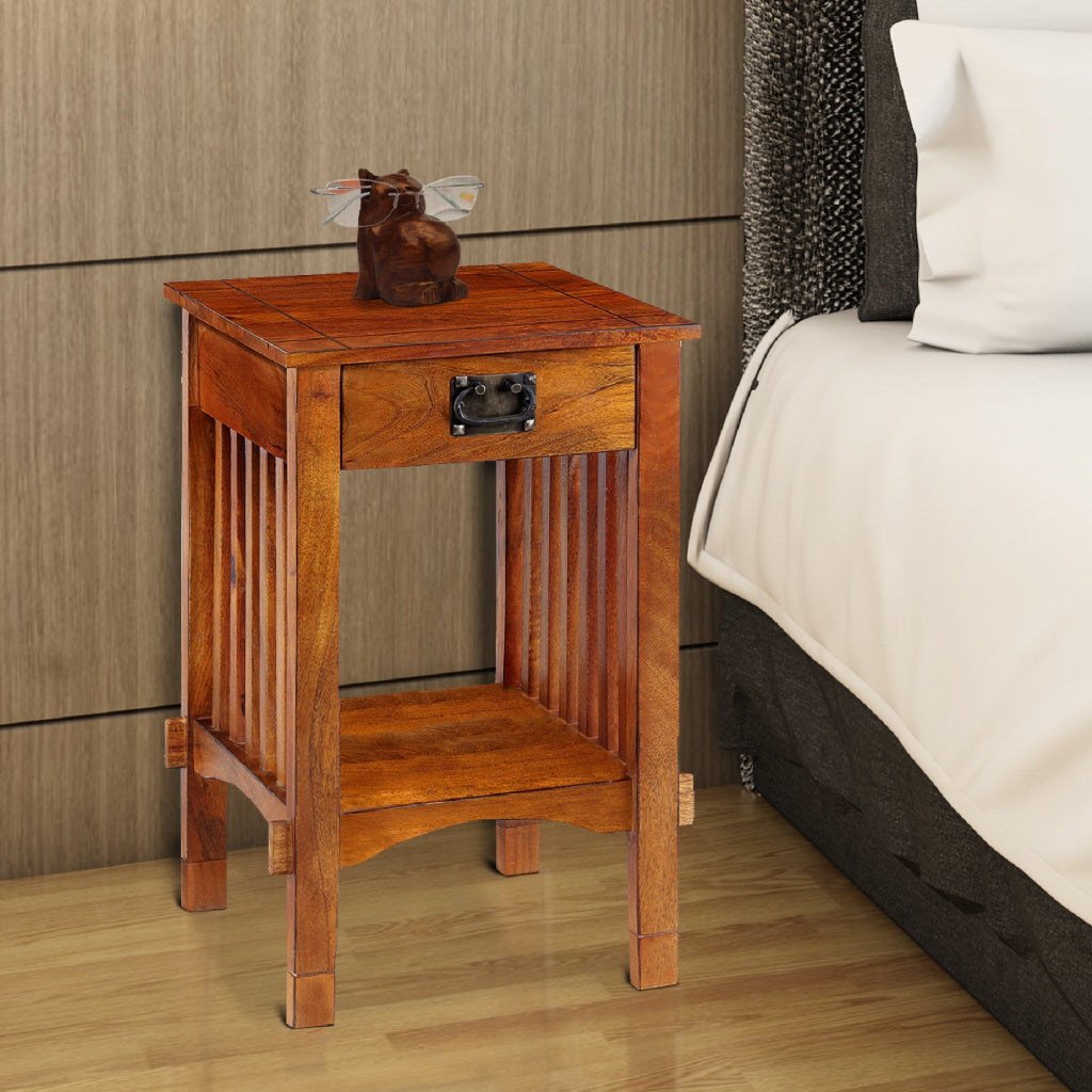 Spacious Mango Wood Nightstand with Slatted Side Panels, Brown - BM122854