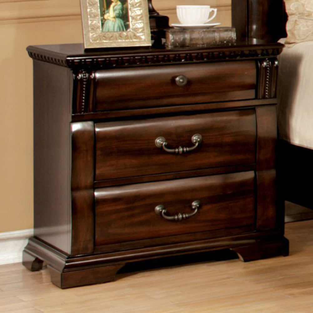 3 Drawer Wooden Nightstand with Metal Handles and Carved Details Brown BM257006