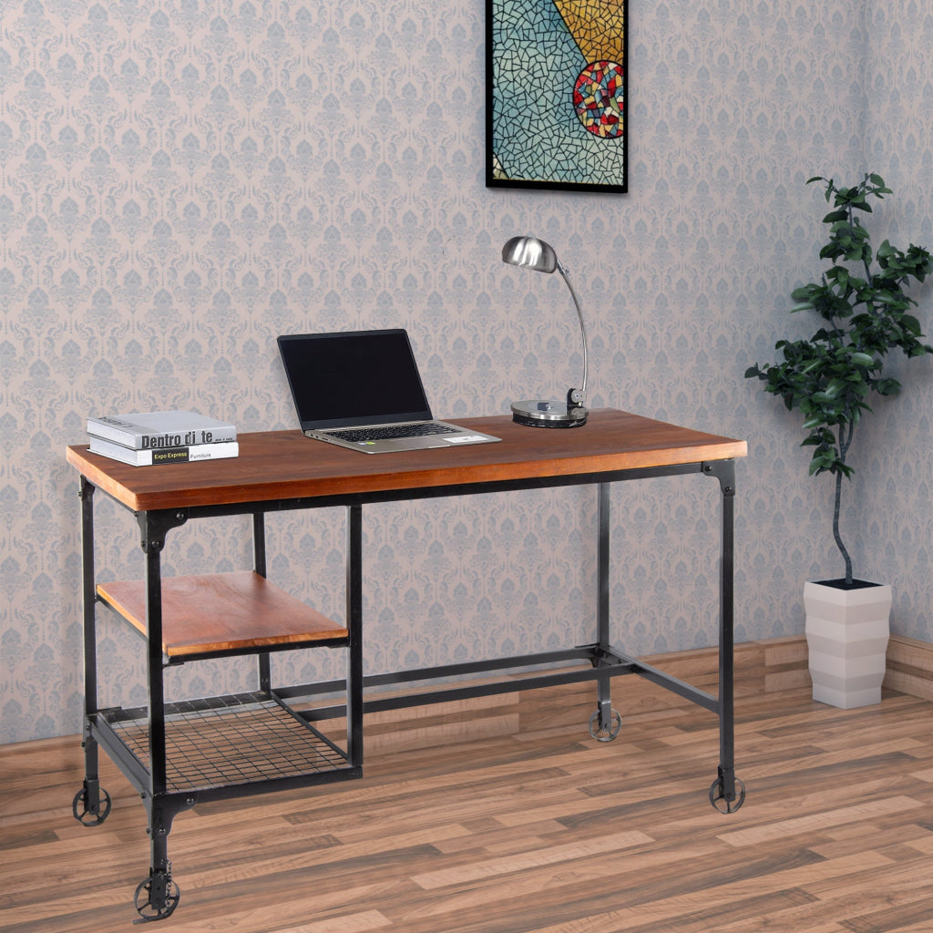 Industrial Style Wooden Desk With Two Bottom Shelves, Brown And Black - BM123677