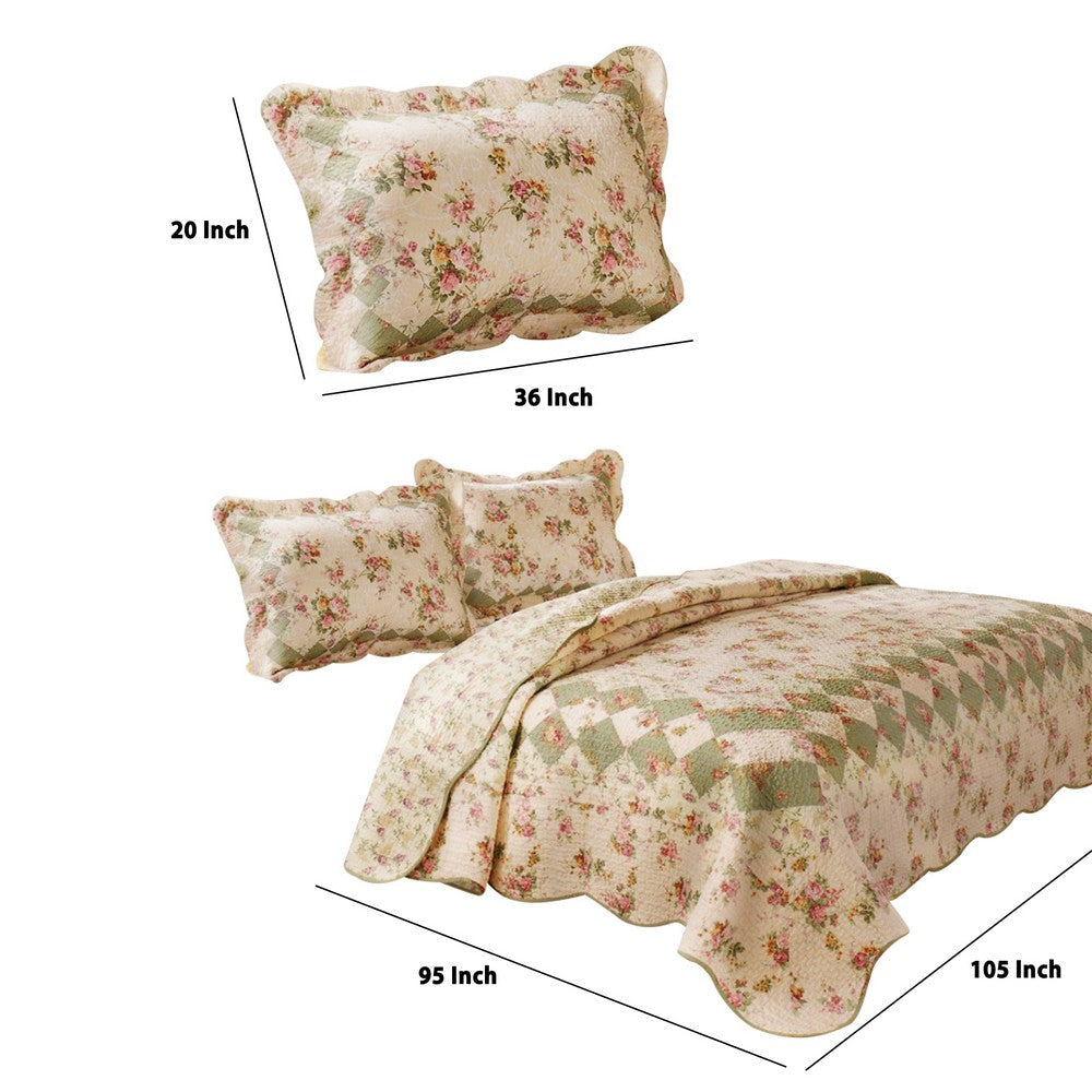 Denali 3 Piece Fabric King Size Quilt Set with Floral Prints Multicolor By Casagear Home BM14909