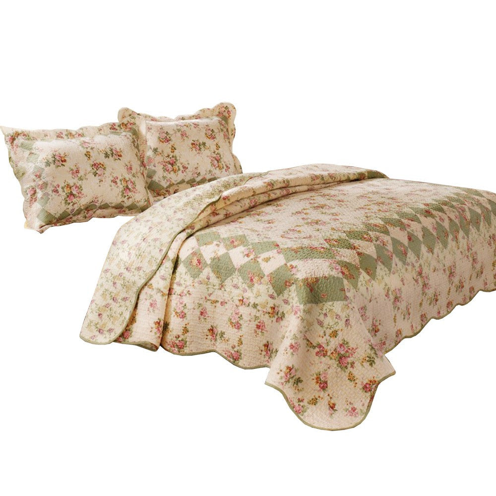 Denali 3 Piece Fabric King Size Quilt Set with Floral Prints, Multicolor By Casagear Home