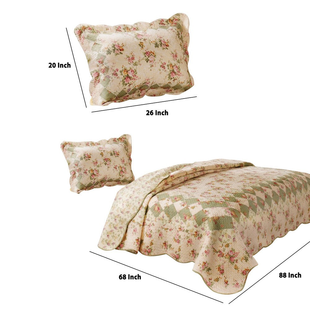 Denali 2 Piece Fabric Twin Size Quilt Set with Floral Prints Multicolor By Casagear Home BM14911