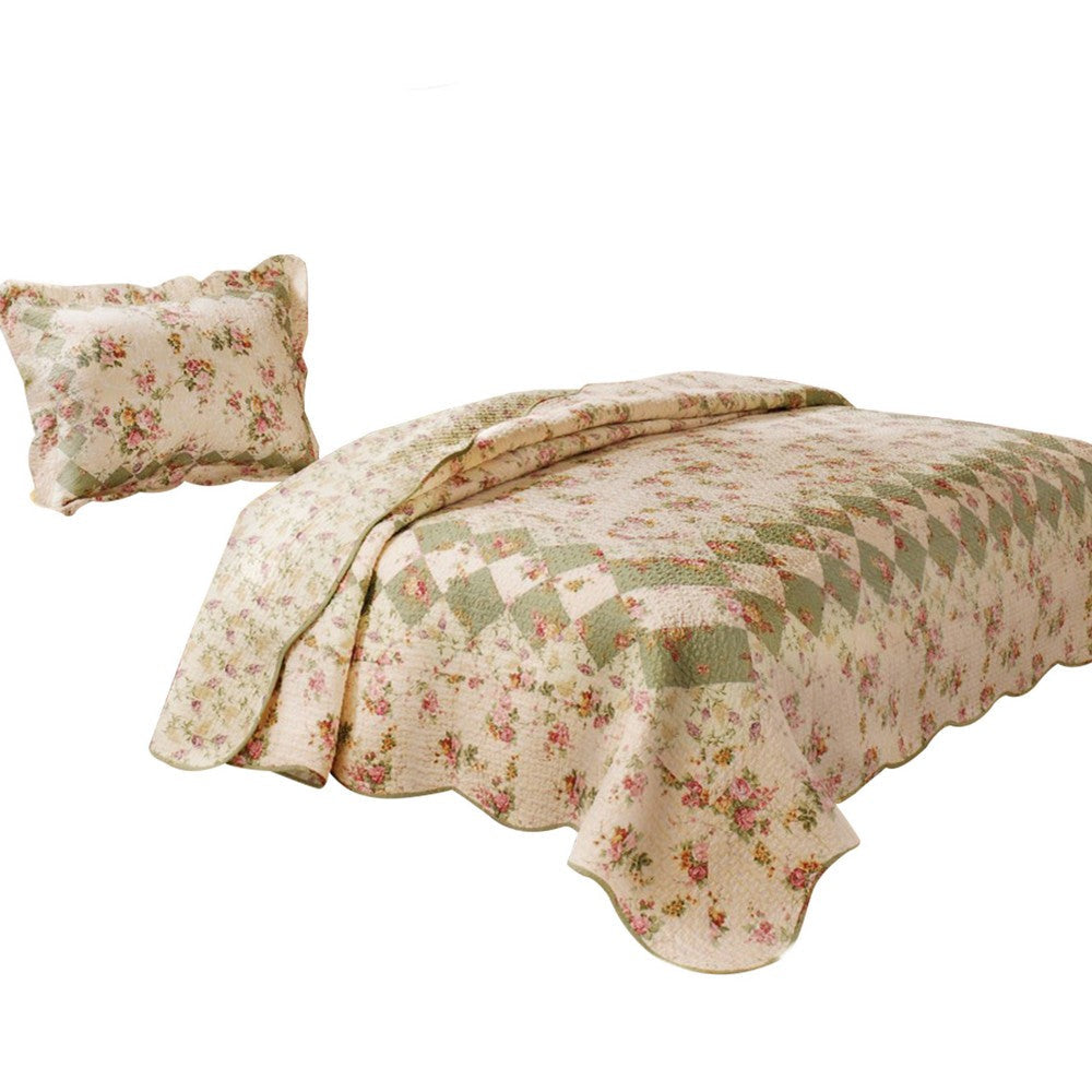 Denali 2 Piece Fabric Twin Size Quilt Set with Floral Prints, Multicolor By Casagear Home