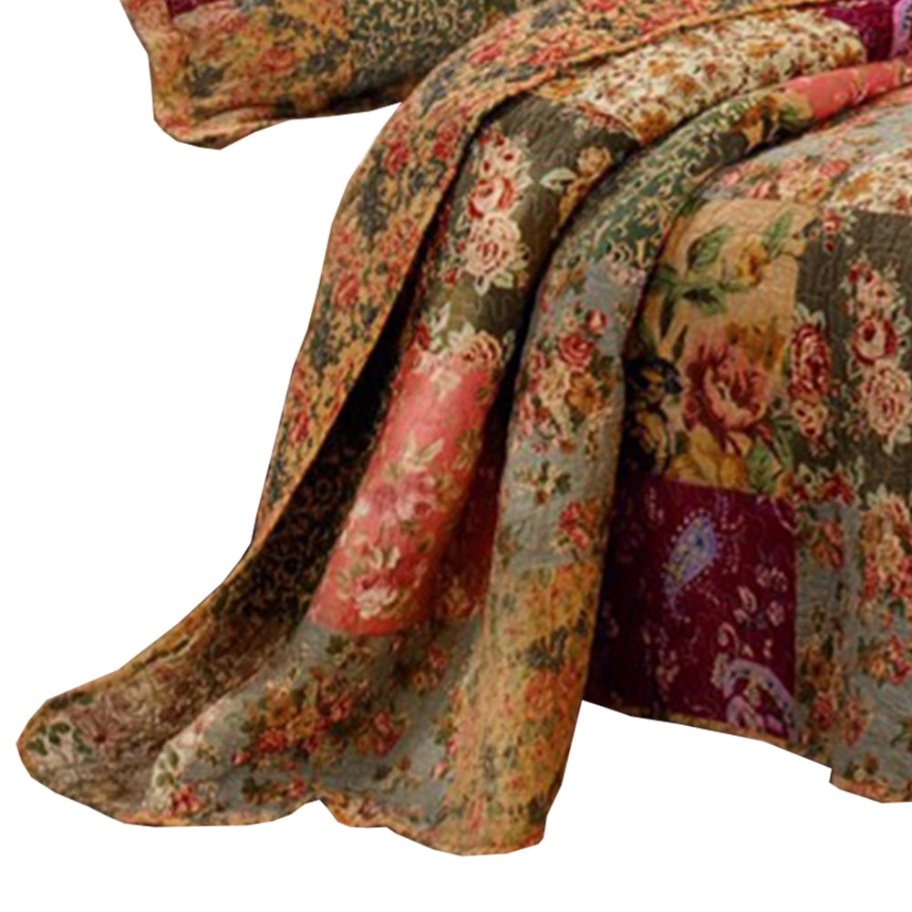 Kamet 3 Piece Fabric King Size Quilt Set with Floral Prints Multicolor By Casagear Home BM14920