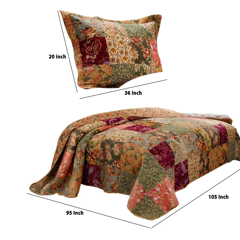 Kamet 3 Piece Fabric King Size Quilt Set with Floral Prints Multicolor By Casagear Home BM14920