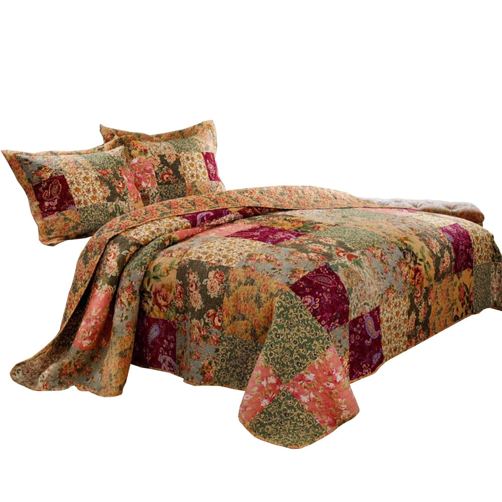 Kamet 3 Piece Fabric King Size Quilt Set with Floral Prints Multicolor By Casagear Home BM14920