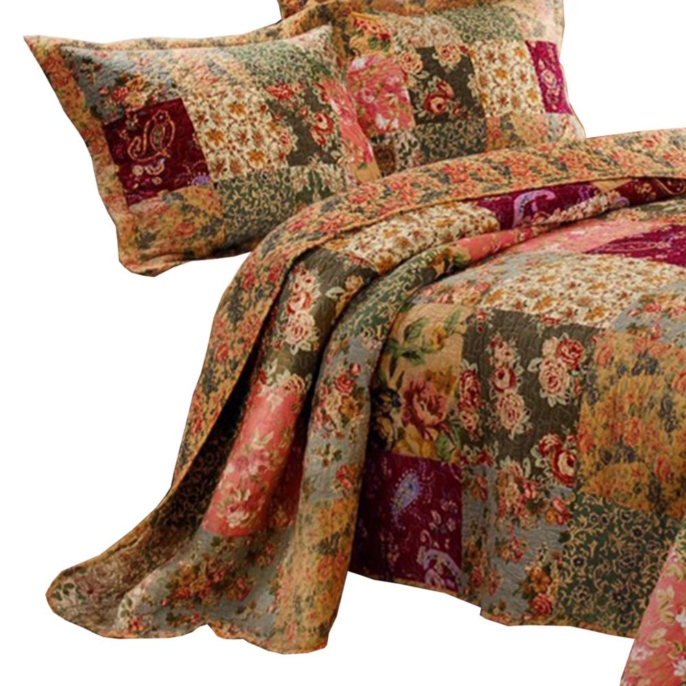 Kamet 3 Piece Fabric Queen Size Quilt Set with Floral Prints Multicolor By Casagear Home BM14921